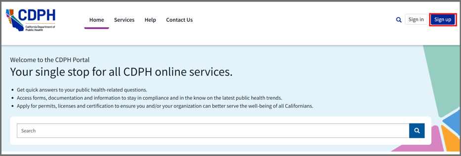 Portal Home Page with Sign Up button