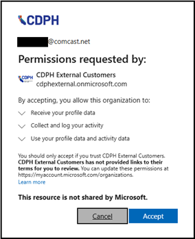 Permissions requested by CDPH screen