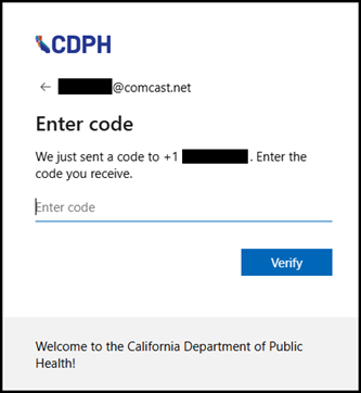 Screen to enter code sent to SMS Text